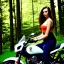 Placeholder: Very attractive woman sitting on a motorcycle. The bike is Yamaha. In the background is a forest.