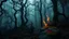 Placeholder: a crepy horror forest with shadows of the tall trees, tangled vegetation, twisting terrifying tendrils on earth and on trees, , autumn, moss, lot of firefly and mystic flame, fog, pale light, a grey rock with red blood, , masterpiece, dark fantasy concept art, intricately detailed, Splash screen art, trending on Artstation, deep colors, dark mystic vibe Professional photography, bokeh, natural lighting, canon lens, shot on dslr 64 megapixels sharp focus