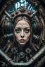 Placeholder: Closeup Girl with big blue eyes, fullbody, dieselpunk, valves rising from the ground, the perspective looking up from the bottom of an empty well , Underwater 8k, macro photography by <John Kenn Mortensen>, darkred tones,
