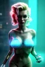 Placeholder: Ultra Realistic image, portrait, blonde woman, sweet Marylin Monroe face, perfect iris, glow eyes, glow makeup. Cyborg, Cyberpunk style, oversized transparent latex coat, yakuza tattoos body. fog, rain, soft color, highly detailed, unreal engine 5, ray tracing, RTX, lumen lighting, ultra detail, volumetric lighting, 3d, finely drawn, high definition, high resolution.