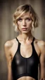 Placeholder: beautiful anorexic woman, total shot, short shiny black triathlon swimsuit, short blond wavy bob hair, blurred concrete background