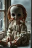 Placeholder: ooking at the camera a high realistic porcelain doll, old, dirty with old dress, sitting on shelf, in background blur cracked window. The figure has cracked face and head, and big black eyes. High contrast, cinematic, thriller, dark, atmospheric. Surreal style , perfect composition, sharp focus, intricate details, crepy stunning