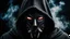 Placeholder: Close up view on dark hooded cyberpunk mask, black background, evil, smoke