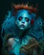 Placeholder: Dead beautiful mermaid with blue hair and brown eyes coral crown coral and water algae on body and black background