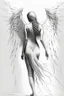 Placeholder: full body woman angel from back, angel wings tear her skin away, bun haired angel wearing long tunic ultra realistic drawing