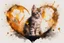 Placeholder: double exposure, merged layers, kitten with dynamically blazing fire in ochre, ink splatter art, watercolor and ink, golden glitters, double exposure heart and love