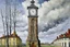 Placeholder: A gray giant and tall clock tower painted by Alfred Sisley