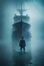 Placeholder: A ghostly ship captain standing in water up to his knees surrounded by a ghostly blue mist. A wrecked ship is seen in the background.