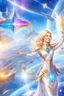 Placeholder: cosmic woman angels smile,admiral high commander from the future, one fine whole face, crystalline skin, expressive blue eyes,rainbow, smiling lips, very nice smile, costume rainbow pleiadian, Beautiful tall woman pleiadian Galactic commander, ship, perfect datailed golden galactic suit, high rank, long blond hair, hand whit five perfect detailed finger, amazing big blue eyes, smilling mouth, high drfinition lips, cosmic happiness, bright colors rainbow, blue, pink, gold, jewels, realist,8k