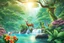 Placeholder: Create a picturesque scene of a lush jungle with vibrant flowers and towering trees. Include beautiful animals like colorful birds, playful monkeys, and graceful deer. Add a winding river with crystal-clear, wavy water flowing gently over smooth rocks on the riverbed. Let the sunlight filter through the canopy, casting a warm glow on this serene and enchanting landscape.