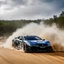 Placeholder: dramatic epic photography ralli art championship supercar race, facing front supercar ,full sticker name DV race decorations,on the way high speed drifting and jumping,on dune and watery spray and dirt roads forest