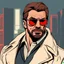 Placeholder: a young man with big muscles who looks like hans gruber wearing a heavy coat and red sunglasses staring with a disgusted look on his face