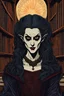 Placeholder: museum quality color woodcut of a scholarly Nosferatu female vampire with highly detailed hair and facial features in a library filled with dusty ancient tomes, in the style of Gustave Baumann, with a fine art , graphic novel aesthetic, highly detailed, finely cut ,8k render,