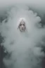Placeholder: a woman's face from very thick white smoke and fog in the shape of barely visible, ghost-like face lot of white hair, many fog in background, surreal style