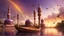 Placeholder: Hyper Realistic Orange & Purple Mosque with Brown Minarets riverside with a wooden-boat at beautiful cloudy sunset & Rainbow with birds flying showing dramatic & cinematic ambiance