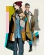 Placeholder: whimsical arafed nonsense, patchwork vibe, a young woman and a young man are strolling down a rainy whimsical downtown street (((with their arms linked))), (((exaggerated body parts))), (((oversize head))), sharp color contrasts, amazing shadows, (((exaggerated limbs and head))), minimal cozy, warm palette, bright bold warm summer colors with yellow orange black colors, color leak, heavily distorted views, amazing parallels