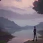 Placeholder: In the anime, a young male character is near the green lake in the sunset afternoon.