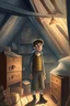 Placeholder: Max, a 12-year old boy, exploring his grandfather's attic, illustration for children