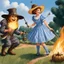 Placeholder: Dorothy Gale in her blue Gingham dress attacks the Scarecrow with a flame thrower, a flying saucer in the background