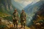 Placeholder: Japanese 1920 oil painting FEDRA from TLOU but as Vietnam men soldiers in the mountains far away from the scenery