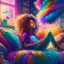 Placeholder: A beautiful girl with curly hair is sitting on the sofa in her room and her beautiful and colorful dreams are flying around the room. A room full of joy and passion and color, digital art, 4k, full details, high resolution