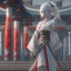 Placeholder: UHD, hd, 8k, hyperrealism, Very detailed, zoomed out view, full character in view, white hair female demon character wearing a hanbok with a white top and long red bottom, she holds a katana in her right hand, she stands in front of a Japanese style palace digital art, anime, full details