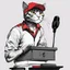 Placeholder: a drawing of a manga cat man with a sports cap and shirt, speaking at a (((lectern))) with a microphone, red, white and black colors, cat white and black colors