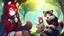 Placeholder: Two Girls, red hair, raccoon ears, raccoon tail, raccoon face, forest, sit on tree, raccoon paws on hand, paws on foot, coat on neck