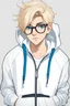 Placeholder: 18-year-old boy with blond hair and a hairstyle with blue-colored eyes in a white zip-up hoodie with glasses