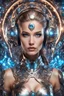 Placeholder: Halfbody photography front view of super model Russian beautiful woman as dj player,headphones ,dressing mech in transformative style, his metallic skin gleaming with intricate textures and intricate details, captured in an ultra-realistic style that blurs the lines between reality and imagination,cosmic spaceship background