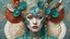 Placeholder: Beautiful woman portrait, adorned with m white blue and turquoise metallic filigree floral embossed and jade and malachite ribbed mineral stone colours and beige eggshell ocous and sea horse colour and brown and coralls red mollusk shell headdress, venetian style mollusk shell face masque and wearing sea costume armour ribbed with irridescent bioluminescense Golden dust and mollusk shell ribbed costume organic bio spinal ribbed detail of full extremely detailed hyperre