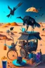 Placeholder: Surrealism abstract scene of an astraunot in the desert drinking tea, an ice cream stand, broken tricycle,.dead fish, black crow, a cow and a skull, hyper realistic, 8k quality, striking colours