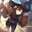 Placeholder: Clear focus, High resolution, short brown spiky hair, hair between eyes, eyes closed, wearing a brown detective hat, wearing a brown jacket and a black shirt, wearing black shorts, 1girl, pulling at down, smiling