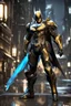 Placeholder: Full body Batman ultra advanced warframe with the whole and full body full armor with ultra sophisticated machine compagnon ultra high resolution and details,walk in street city bussy