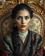 Placeholder: A stunning Indian woman with porcelain skin, high cheekbones, and piercing green eyes, dressed in a traditional embroidered sarafan, sits regally in a lavish, ornate chair, surrounded by opulent fabrics and gold accents, as if plucked from a 19th-century Russian aristocratic portrait, rendered in exquisite hyper-realistic detail, with the rich textures and subtle play of light and shadow characteristic of a masterful oil painting, reminiscent of the works of Ivan Kramskoi, Zinaida Serebriakova
