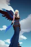 Placeholder: blue sky clouds, blonde steampunk angel in a flowing gown, majestic