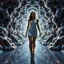 Placeholder: A full-body shot of a beautiful lady walking and looking at the camera 3D fractal interstellar world.3d recursive geometrical structure environment