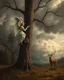 Placeholder: Bosch painting style, nightmare , an angel tided up to a tree , And a deer is watching her sadly, great quality picture with cinematic scenes , heavy clouds in the background