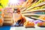 Placeholder: cute contented cat is shopping in a foodstore in sunshine. Food, fruits