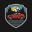 Placeholder: logo for a shop that repairs automobiles, installs tires and does oil changes, but doesn't show an automobile inside a shield shape, in the style of national parks stickers