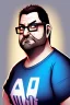 Placeholder: Man, fat, 40 years old, brown hair, geek, portrait, illustration, cyberpunk, blue eyes, t-shirt, sketch