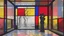 Placeholder: A colorful abstract interior scene with a large window overlooking a (misty outdoor landscape. In the foreground, there is a silhouetted sculpture of two embracing figures against a backdrop of vibrant geometric shapes and patterns in red, yellow, and blue)