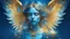 Placeholder: beautiful sad woman angel, double exposure in fantasy style, blue, gold, sparkles, fine rendering, bright colors, photorealism, 3D, with acrylic elements