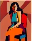 Placeholder: painting of a tired woman sitting on a chair, cubist vibe, sleeveless, oilpaint, variations around female, scarlet and orange blast color dynamics, 1970s philippines, family portrait,centre composition, viet aspect