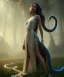 Placeholder: Holy Virgin, celestial light, beautiful, long fabric dress, beautiful long black hair to the waist, big snake resting on shoulders, holding snake, head and shoulders portrait, 8k resolution concept art portrait by Greg Rutkowski, Unreal Engine 5 volumetric lighting