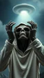Placeholder: The creature from the the movie Prometheus with white hooded clothes raises hands up and looking at ufo in the sky front view