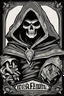 Placeholder: inside a diamond shape, skeletor motu in a black hooded cloak drawn in a retro cartoon style, in a diamond shape on a black background, monochromatic