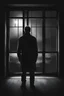 Placeholder: lone man in front of window, black and white, red colour, night, fantasy style