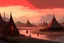 Placeholder: painting, landscape, artistic, illustration, artstation, black desert, black sand, bleak, pale red sky, large bustling camp, tall iron tower standing in the middle, tigtly packed leather tents, vereshagin style