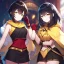 Placeholder: Clear focus,High resolution, Black short fluffy hair, and yellow eyes, wearing a black short skirt, sleeveless crop top, wearing long dark red gloves, yellow cloak, Holding hand out